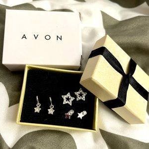 Star Rhinestone Earring 3x Silver Stud Gift Box Costume Jewelry Cute Kawaii Avon